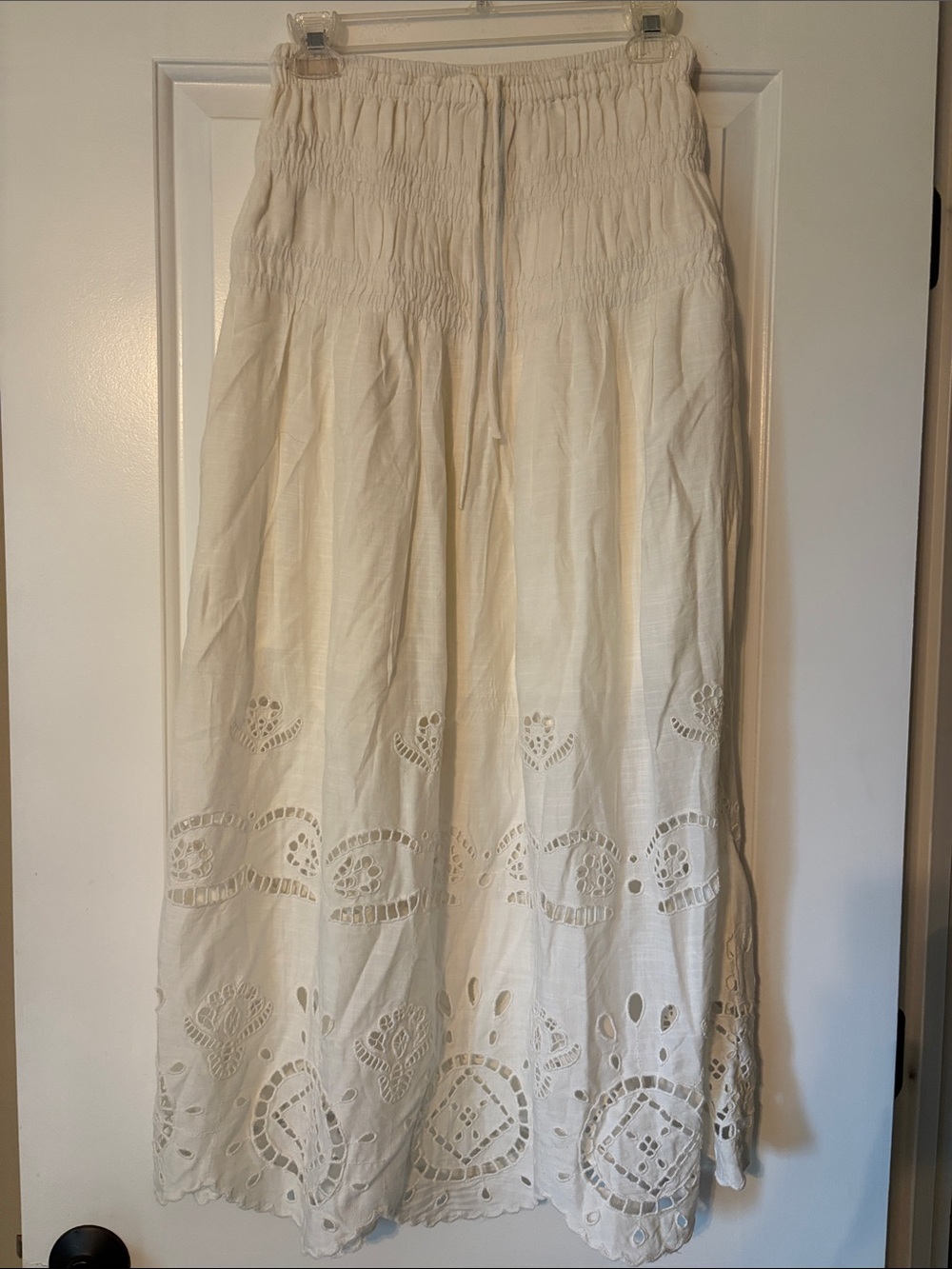 Boho white Eyelet Maxi Skirt with Smocked Waist